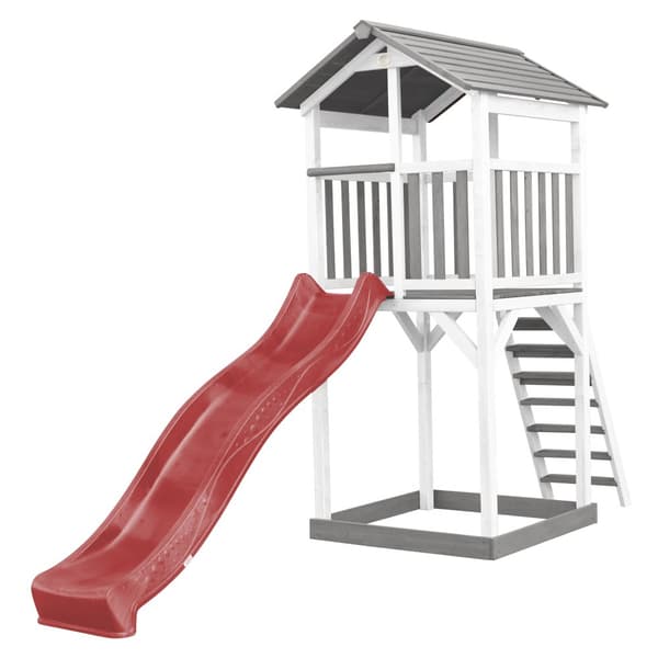 AXI Beach Tower Lekplatsutrustning av trä i grått och vitt | Lekplats torn med sandlåda och röd rutschkana