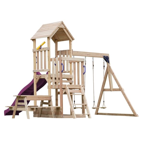 AXI Mette komplett lekset med 2 gungor, picknickbord/utomhuslekplats med gungor/sandlåda/glidbana lila/teleskopiskt trälekhus på stolpar