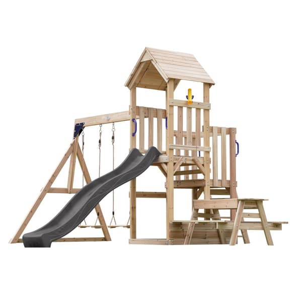 AXI Mette komplett lekset med 2 gungor, picknickbord/utomhuslekplats med gungor/sandlåda/glidgrå/teleskopisk trälekstuga på stolpar
