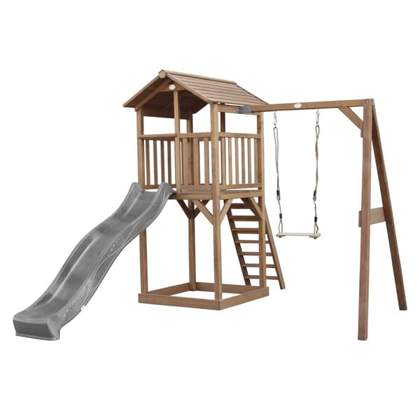 AXI Beach Tower -leikkimökki ruskeaa puuta | Leikkimökki, jossa on hiekkalaatikko, keinu ja harmaa liukumäki | Leikkimökki puutarhaan, jossa on