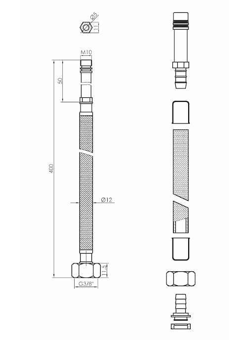 Guldslange med nylonflet 3/8"xM10, længde 40 cm - 2 stk.