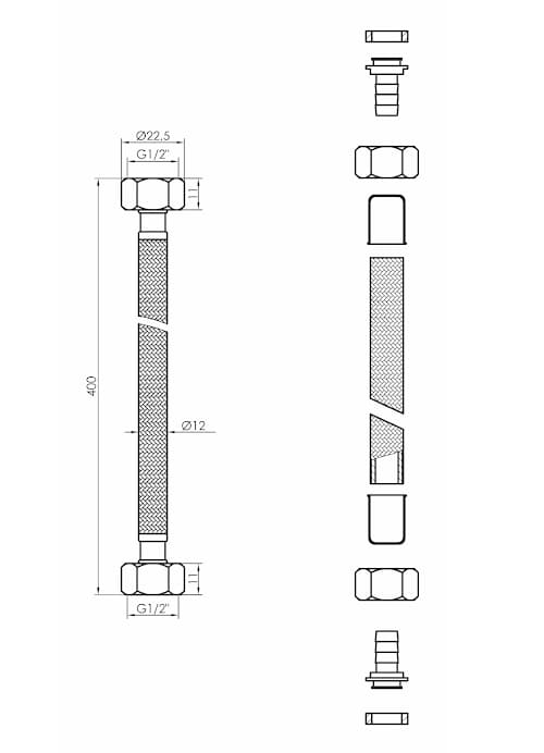 Sort nylonflettet slange 1/2"x1/2", længde 40 cm