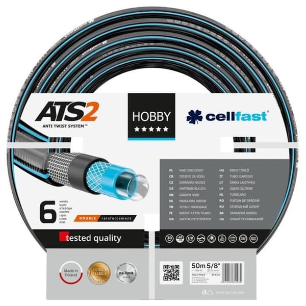 Cellfast HOBBY 6-lagers trädgårdsslang, 5/8", förstärkt, 50 m lång, UV-skydd, anti-sug