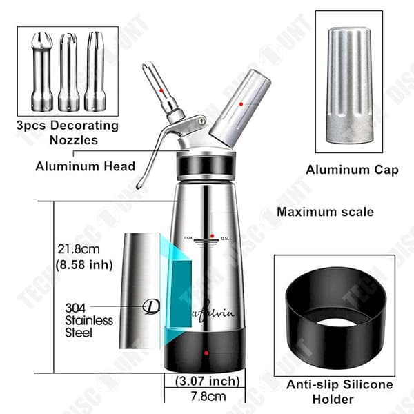TD vispgrädde sifon 500ml professionell ergonomisk design aluminium vispgrädde sifon med 3 munstycken i rostfritt stål