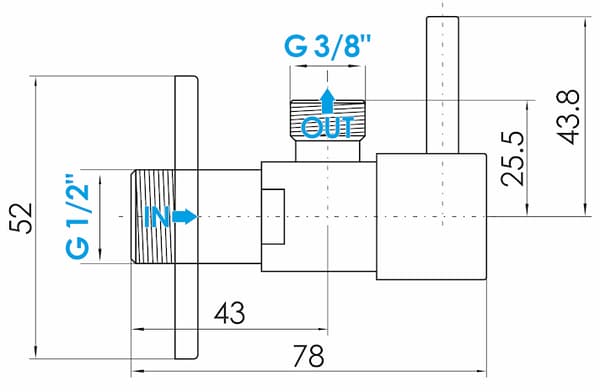 Guld vinkelventil 1/2"x3/8"", keramisk hoved