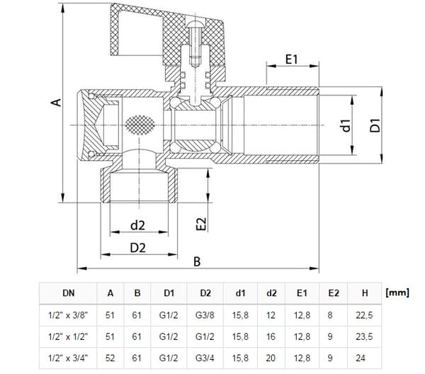 Vinkelkugleventil 1/2"x3/8"