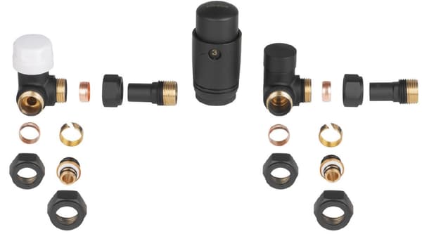 Universell axial termostatsats (höger/vänster), svart/guld + PEX, Cu-kopplingar