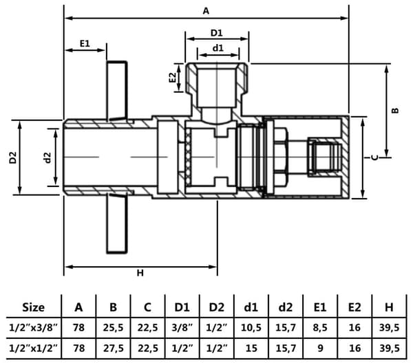 Firkantet vinkelventil 1/2"x 1/2"", keramisk hoved