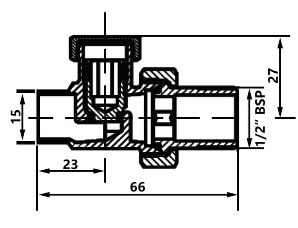 Radiator returventil, lige, til lodning, 15 mm