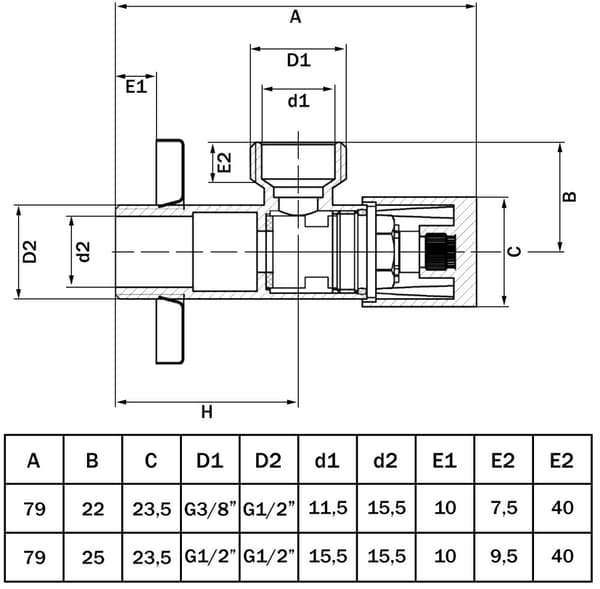 Guld vinkelafspærringsventil 1/2"x1/2"", keramiske hoveder