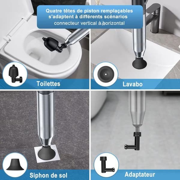 Trycklufts-toalettavlåsare, sugkoppsavlåsare med barometer, toalettavlåsningssugkopp med 3 kolvhuvuden och uppblåsningar