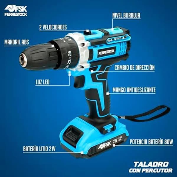 Slagborr - FERRESTOCK - 21V modell - Li-ion batteri - 25 tillbehör - 2 hastigheter