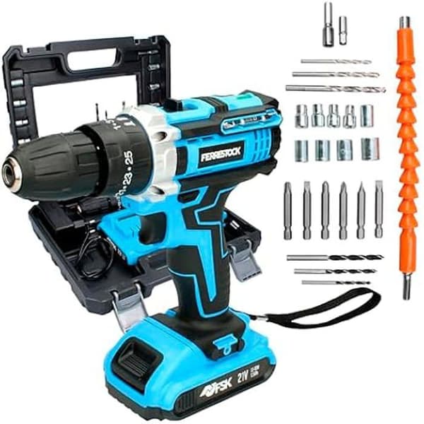 Slagborr - FERRESTOCK - 21V modell - Li-ion batteri - 25 tillbehör - 2 hastigheter
