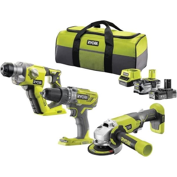 Ryobi Trio 18V ONE borr- och skruvdragare med slag, slagborrmaskin, vinkelslip 115 mm - RCK183D-242S