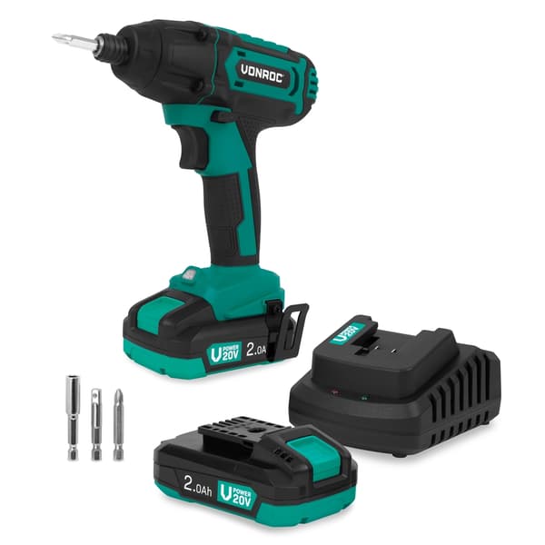 VONROC Slagskruvdragare 20V – 180Nm – Inkl. 2x 2.0Ah batterier, snabbladdare, bits, hylsadapter & LED-ljus – VPower-serien