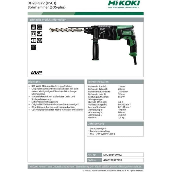 Perforator DH28PBY2 SDS-plus HSC I 240 V - HiKOKI
