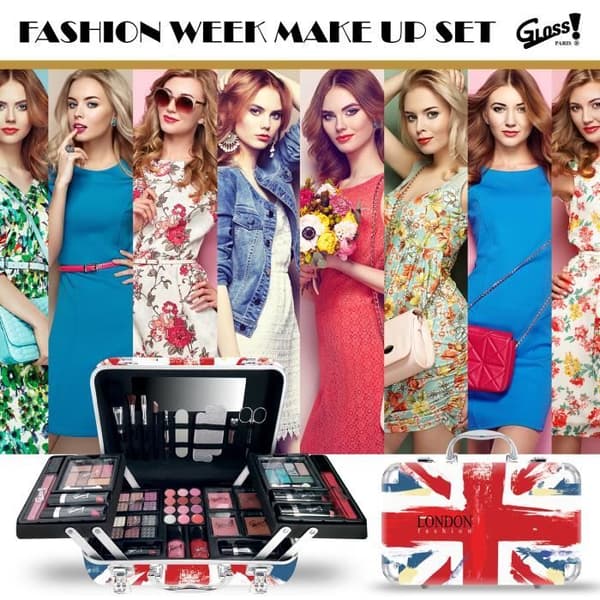 Sminkkoffert - Gloss - London Fashion-kollektion - 62 delar - Väsformat - 4 ögonskuggspaletter