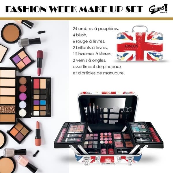 Sminkkoffert - Gloss - London Fashion-kollektion - 62 delar - Väsformat - 4 ögonskuggspaletter