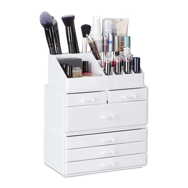 Relaxdays Sminkorganisatör 6 Lådor 22 Fack Förvaring Make-Up Sminkställ Acyrl Vitt