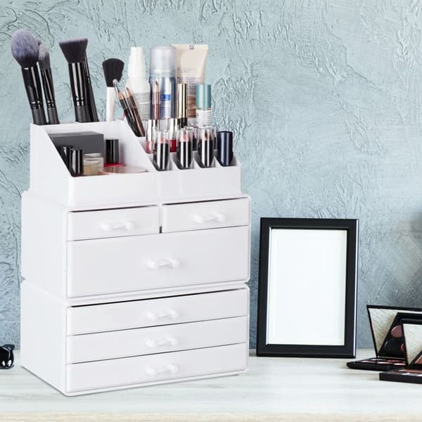 Relaxdays Sminkorganisatör 6 Lådor 22 Fack Förvaring Make-Up Sminkställ Acyrl Vitt