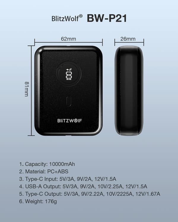 BW-P21 10000mAh 22,5W Supersnabbladdning QC3.0 PD3.0 Digital Display Bärbar Mini Power Bank för iPhone 16 15 14 Pro Max för Xiaomi/Samsung/Huawei