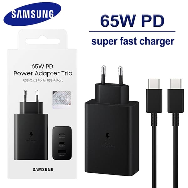 SAMSUNG ORIGINAL EP-T6530, Väggladdare, Svart (Snabbladdningsadapter Trio 65 watt) med extra long kabel