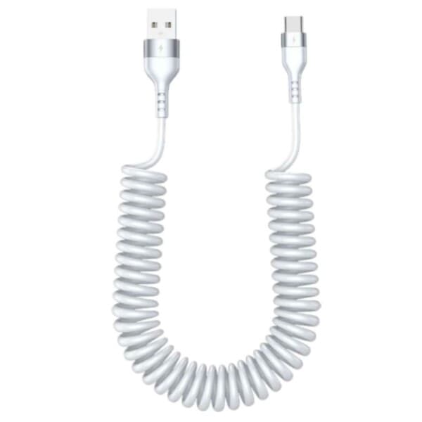 USB A til USB-C Spiralkabel 5A Hurtiglading 1,5m Hvit