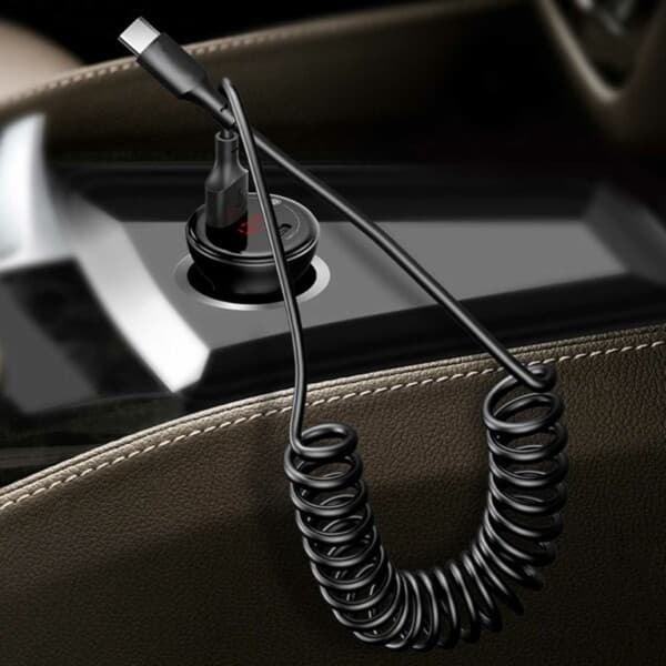 USB A–USB-C spiraalikaapeli 5A Pikalataus 1,5 m Musta