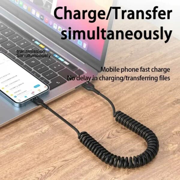 USB A–USB-C spiraalikaapeli 5A Pikalataus 1,5 m Musta