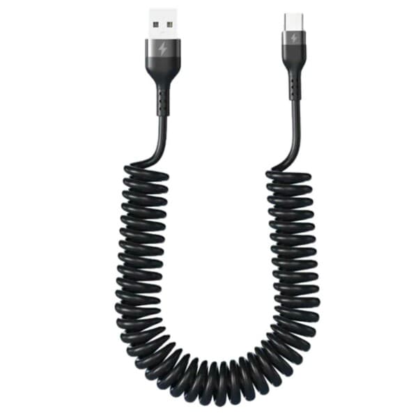 USB A til USB-C Spiralkabel 5A Hurtiglading 1,5m Sort