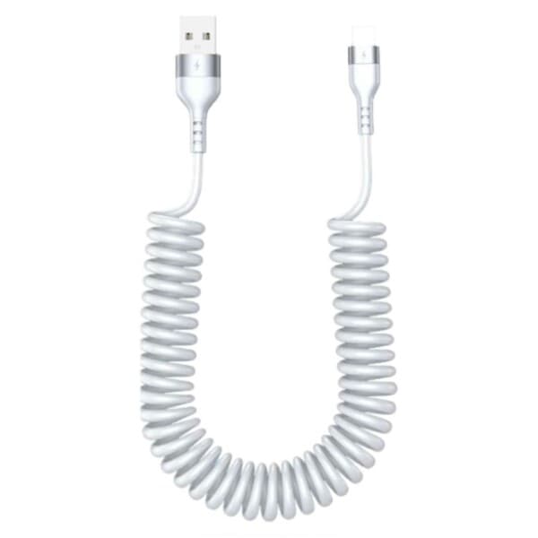 USB Lightning Spiralkabel 3A Hurtiglading 1,5m Hvit