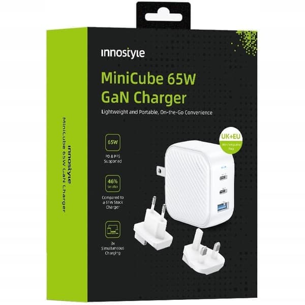 INNOSTYLE MINI CUBE KRAFTFULL SNABBLADDARE GAN RESA EU USA UK AU 3X USB USB-C 65W VIT