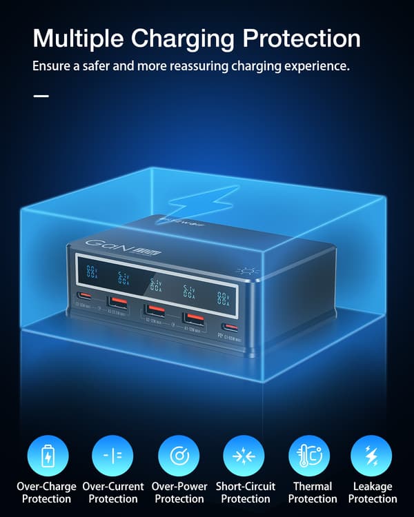 110W 5-Port USB PD Digital Display Bordoplader 3 USB-A+2 USB-C PD3.0 QC3.0 PPS AFC FCP SCP PE APPLE Hurtigopladning Desktop Ladestation
