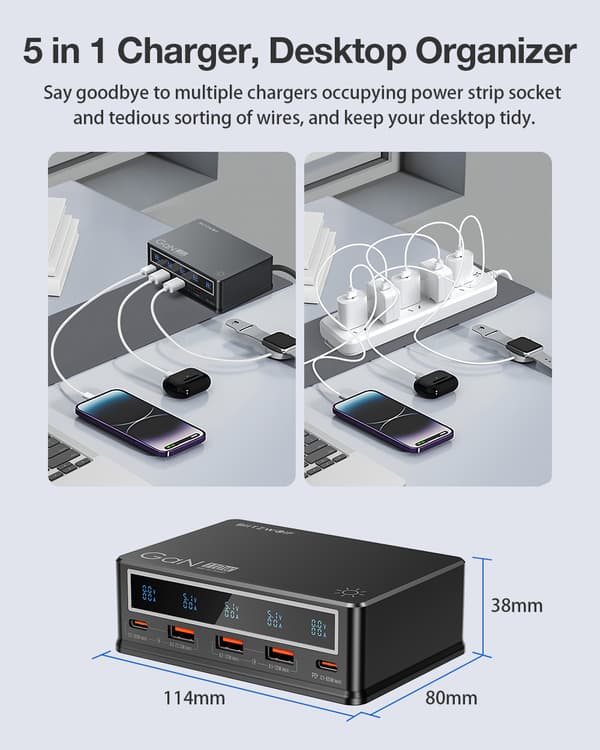 110W 5-Port USB PD Digital Display Bordoplader 3 USB-A+2 USB-C PD3.0 QC3.0 PPS AFC FCP SCP PE APPLE Hurtigopladning Desktop Ladestation