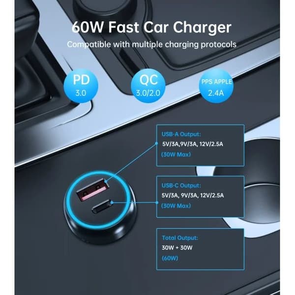 Choetech 2-port Biloplader QC, 60W (USB-C + USB-A), sort