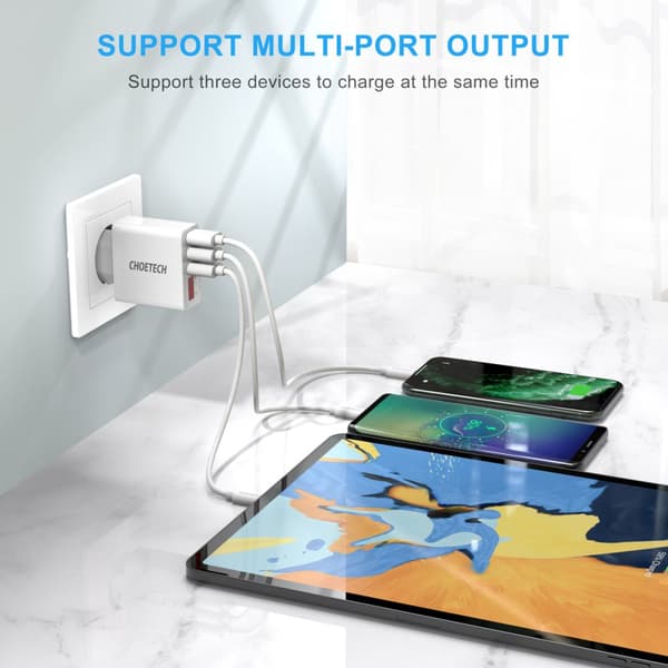 Choetech 3-Port USB-A Vegglader m. display, 15 W, Hvit
