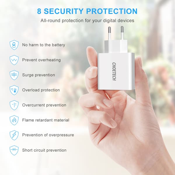 Choetech 3-Port USB-A Vegglader m. display, 15 W, Hvit