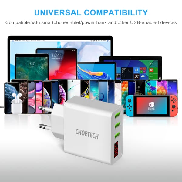 Choetech 3-Port USB-A Vegglader m. display, 15 W, Hvit