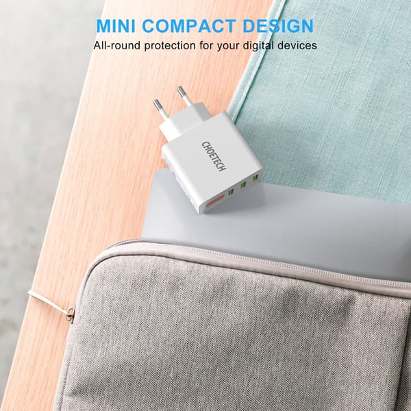 Choetech 3-Port USB-A Vegglader m. display, 15 W, Hvit