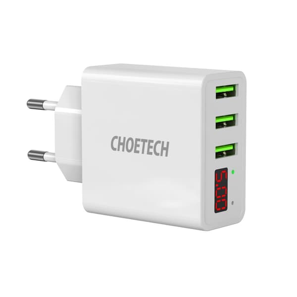 Choetech 3-Port USB-A Vegglader m. display, 15 W, Hvit