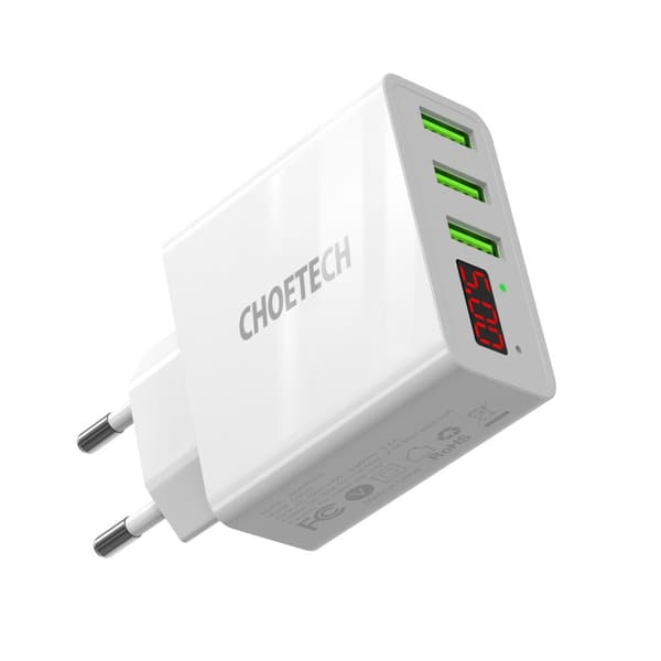 Choetech 3-Port USB-A Vegglader m. display, 15 W, Hvit