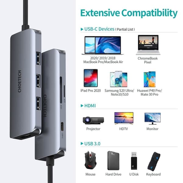 Choetech 7-i-1 USB-C Hub, USB 3.0 4K HDMI, 100W PD, grå