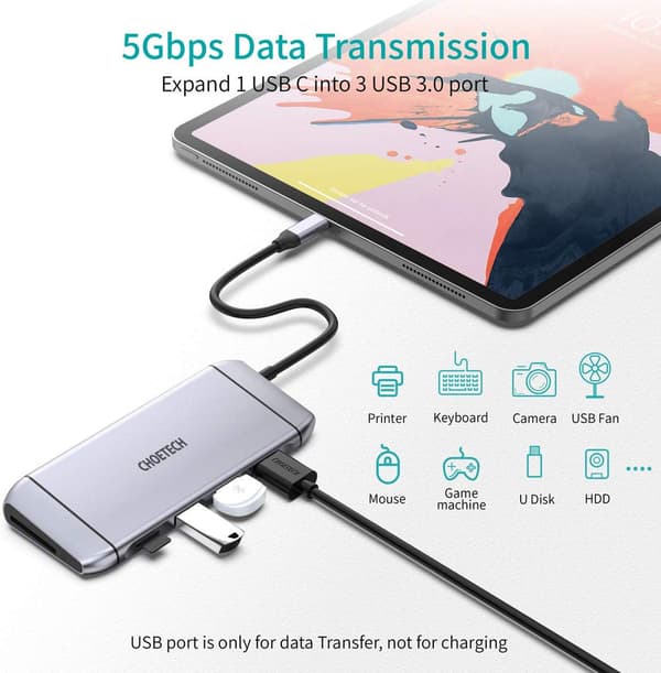 Choetech 9-i-1 USB-C Hub, 4K HDMI, 100W PD, Grå