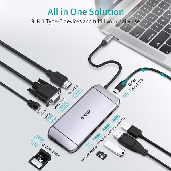 Choetech 9-i-1 USB-C Hub, 4K HDMI, 100W PD, Grå