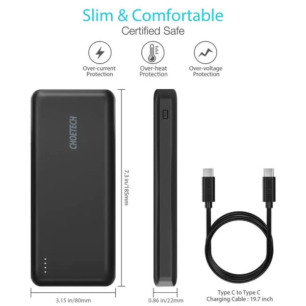 Choetech Powerbank 20.000 mAh 45W USB-C PD & 2x USB-A, Svart