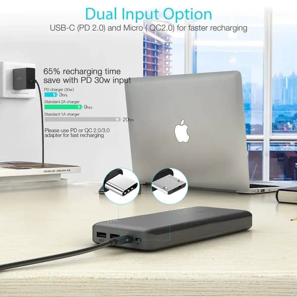 Choetech Powerbank 20.000 mAh 45W USB-C PD & 2x USB-A, Svart