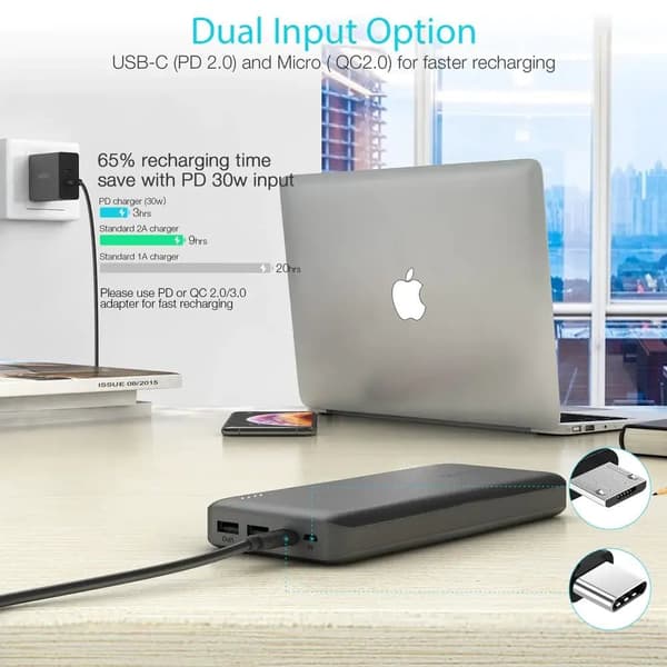 Choetech Powerbank 20.000 mAh 45W USB-C PD & 2x USB-A, Svart
