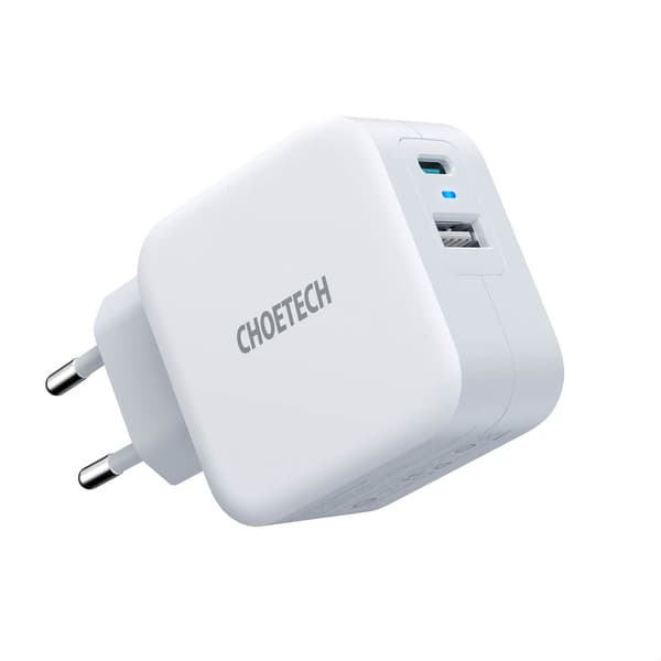 Choetech USB-C PD og USB-A QC Vægoplader, 38W, Hvid