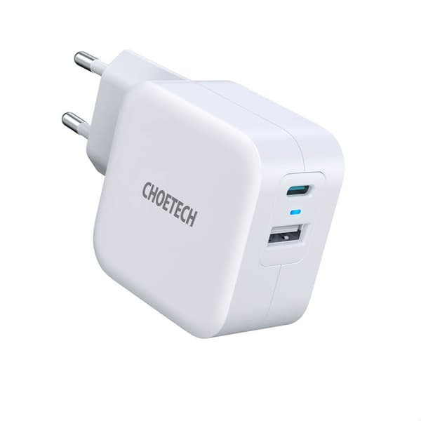 Choetech USB-C PD og USB-A QC Vegglader, 38W, Hvit