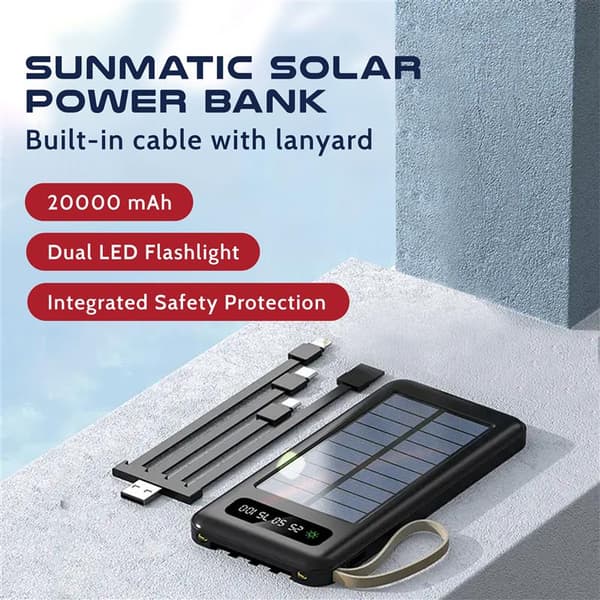 Externt batteri, Powerbank med solceller 20 000 mAh | SUNMATIC| Högkapacitets powerbank, Dual USB & Type-C bärbart externt batteri med LED-ficklampa